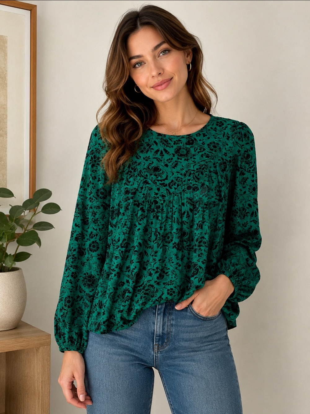 Knox Rose Green Black Floral Boho Peasant Blouse Long Sleeve Size Small